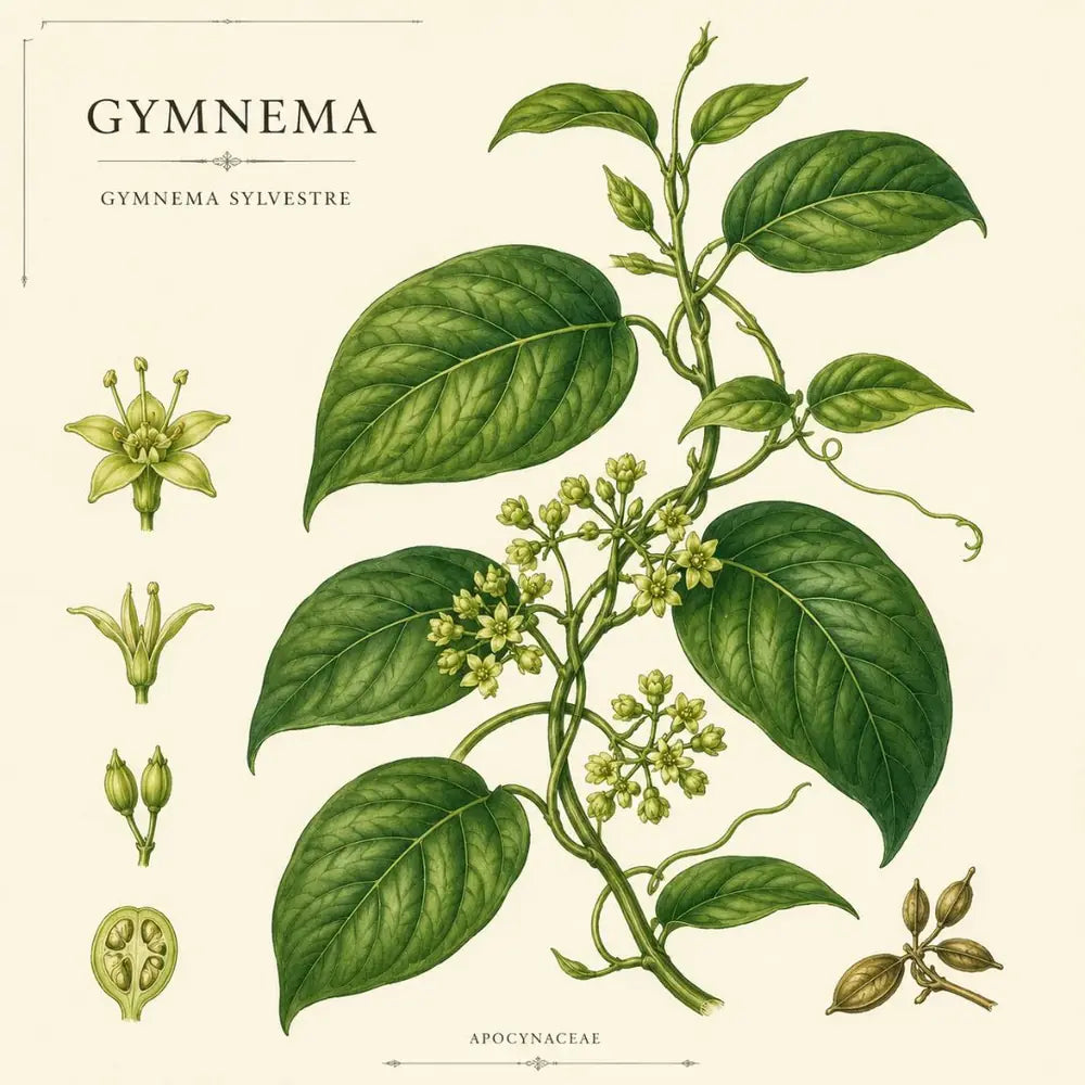 Botanical illustration of Gymnema sylvestre, the plant known as gurmar
