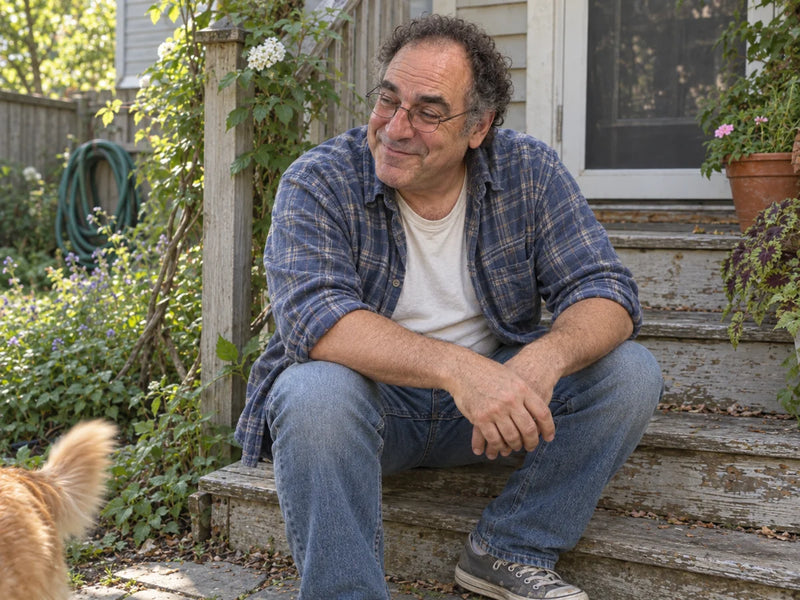Man smiling on his back steps beside his dog