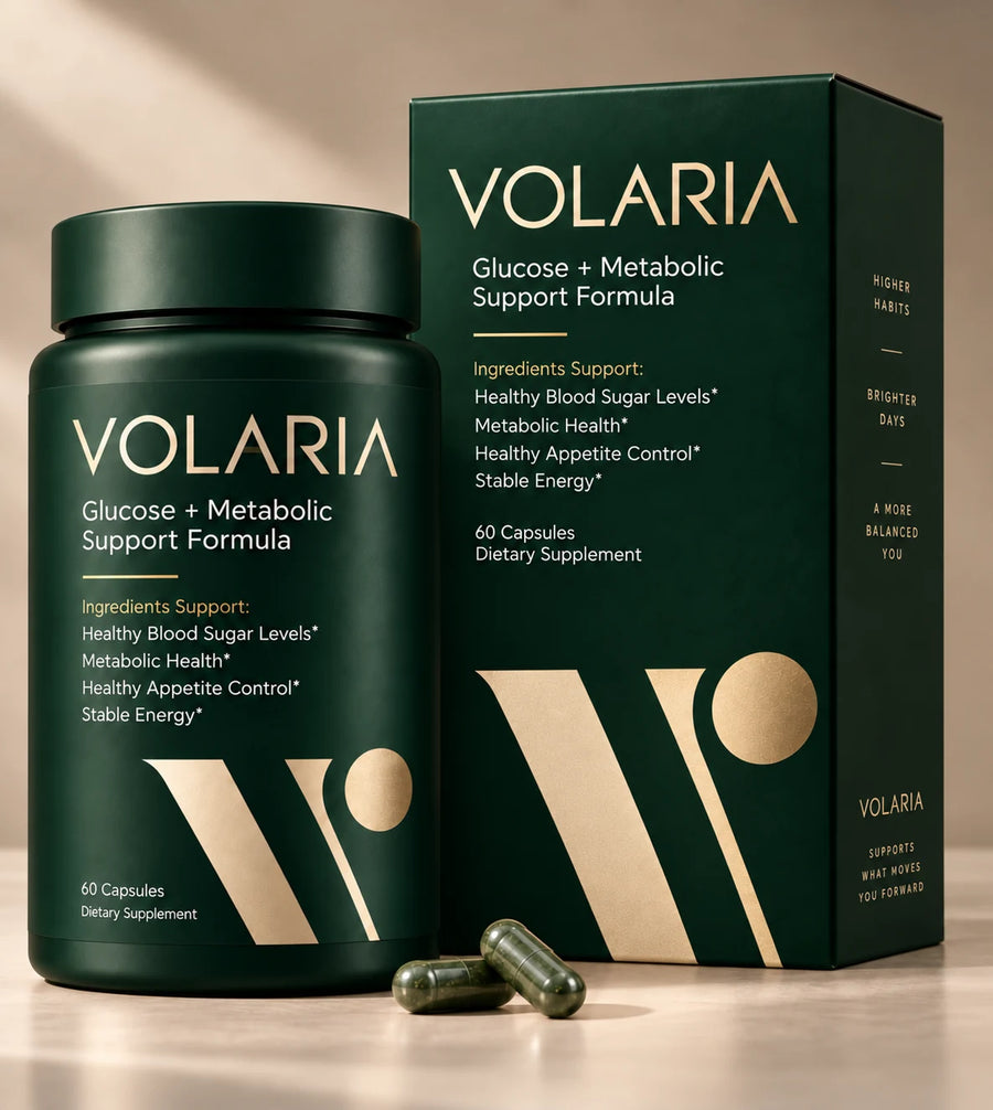 Volaria Glucose + Metabolic Support Formula bottle, carton, and two capsules.